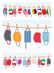 Washed Protective Face Masks Hanging on a Line. Drying Laundered Reusable Masks with Flags of Different Countries.