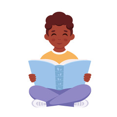 Fototapeta na wymiar Black boy reading book. Boy studying with a book. Vector illustration