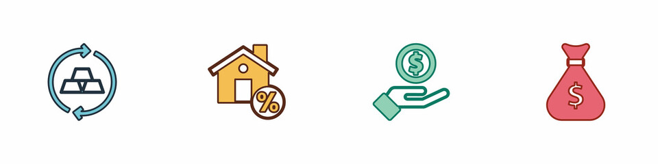 Set Gold bars, House with percant discount, Hand giving money and Money bag icon. Vector