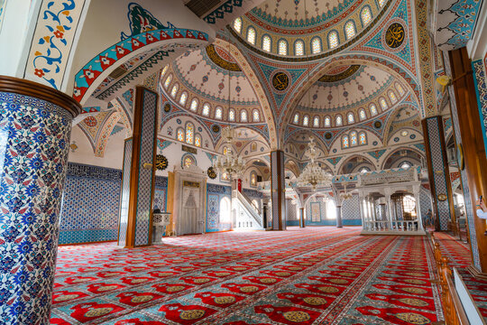Manavgat, Turkey - August 28 2020: Central Mosque complex, Interior, carpets and traditional patterns Magnificent mosque Merkez Kulliye Cami