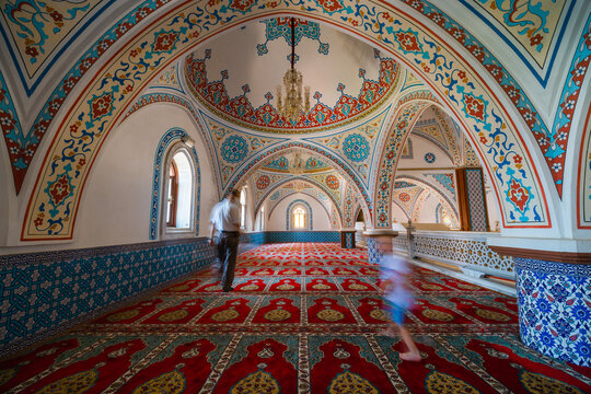 Manavgat, Turkey - August 28 2020: Central Mosque complex, Interior, carpets and traditional patterns Magnificent mosque Merkez Kulliye Cami