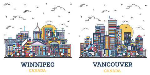 Outline Vancouver and Winnipeg Canada City Skyline Set. - obrazy, fototapety, plakaty