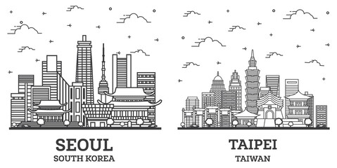 Outline Taipei Taiwan and Seoul South Korea City Skyline Set.