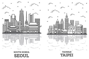Naklejka premium Outline Taipei Taiwan and Seoul South Korea City Skyline Set.