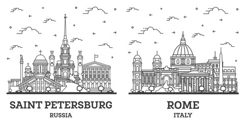 Outline Rome Italy and Saint Petersburg Russia City Skyline Set.