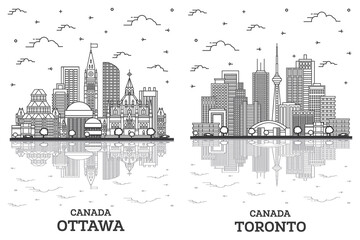 Naklejka premium Outline Toronto and Ottawa Canada City Skyline Set.