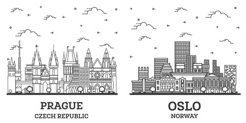 Fototapeta premium Outline Oslo Norway and Prague Czech Republic City Skyline Set.