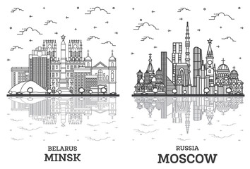 Outline Moscow Russia and Minsk Belarus City Skyline Set.