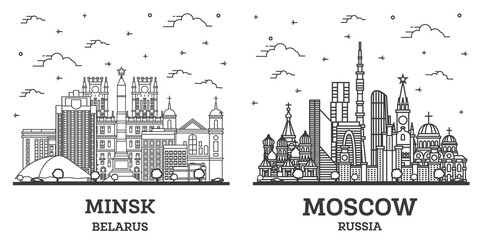 Outline Moscow Russia and Minsk Belarus City Skyline Set.