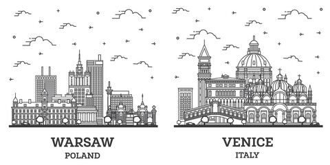 Fototapeta premium Outline Venice Italy and Warsaw Poland City Skyline Set.
