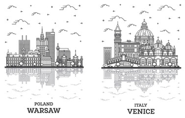 Outline Venice Italy and Warsaw Poland City Skyline Set.