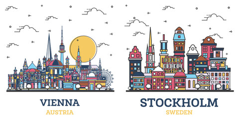 Outline Stockholm Sweden and Vienna Austria City Skyline Set.