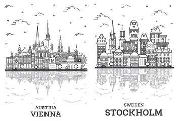 Obraz premium Outline Stockholm Sweden and Vienna Austria City Skyline Set.