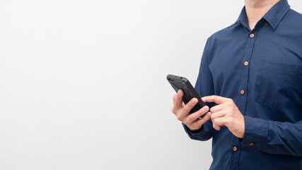Man using mobile phone in hand for shopping crop shot copy space white background