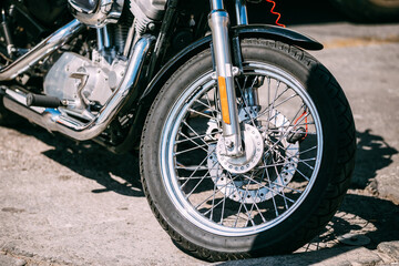 Obraz premium Motorcycle Front wheel close up.