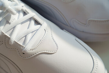 part of white sneakers with laces on a white background.