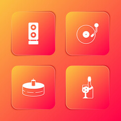 Set Stereo speaker, Vinyl player with disk, Cake burning candles and Champagne bottle icon. Vector