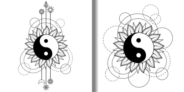 Abstract patterns set with Yin and Yang sun, moon, star and geometric elements