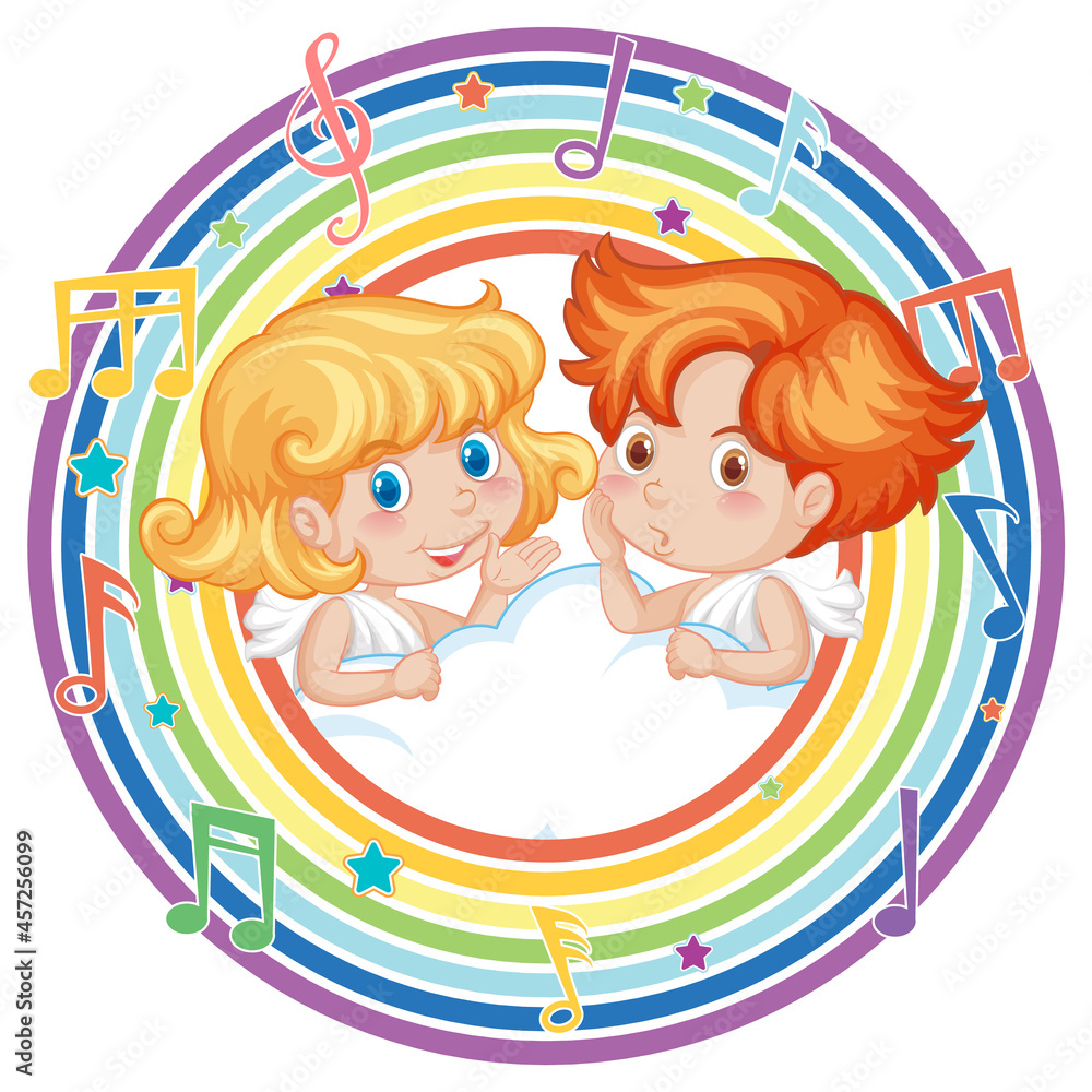 Poster Cupid couple in rainbow round frame with melody symbol