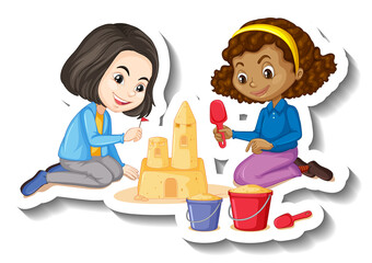 Two girls building sand castle cartoon character sticker