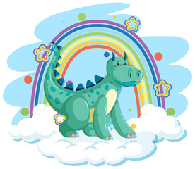 Cute green dragon on the cloud with rainbow