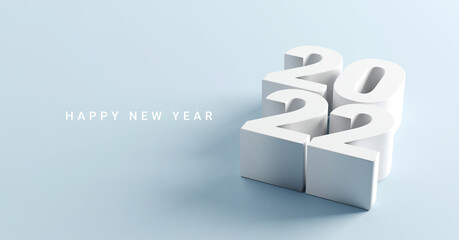 Happy New Year 2022 with 3d numbers on blue background, 3d render