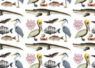 Seamless pattern with various mangrove animals in cartoon style