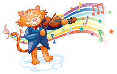 Cat playing violin with melody symbols on rainbow wave