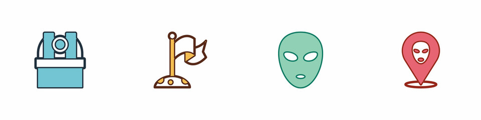 Set Astronomical observatory, Moon with flag, Alien and icon. Vector