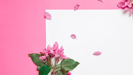 flowers with blank white notepad on pink background. copy space
