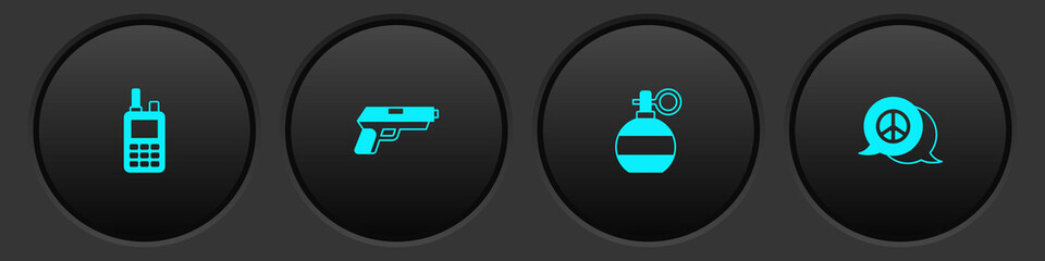Set Walkie talkie, Pistol or gun, Hand grenade and Peace icon. Vector