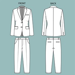 blazer and pant front and back view. office wear outfit. fashion flat sketch template