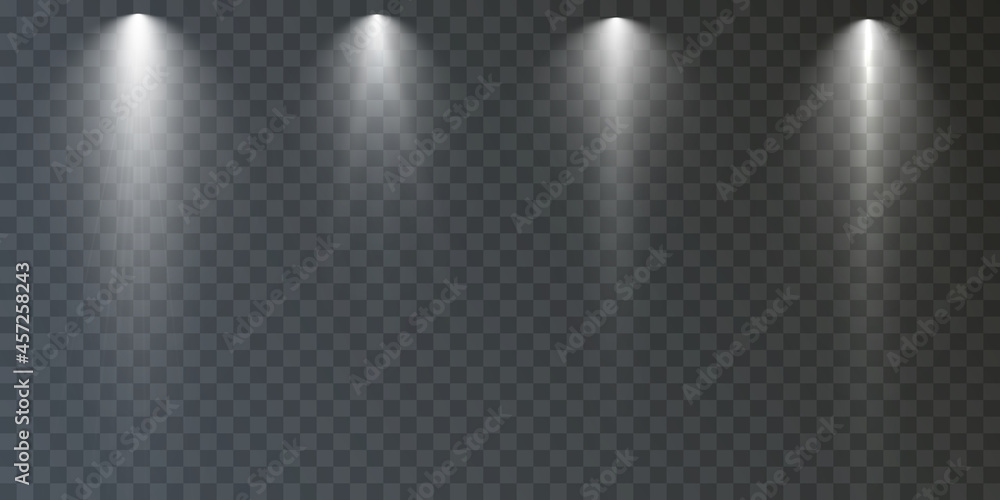 Poster spotlights set isolated on transparent background. vector glowing light effect with golden rays and 