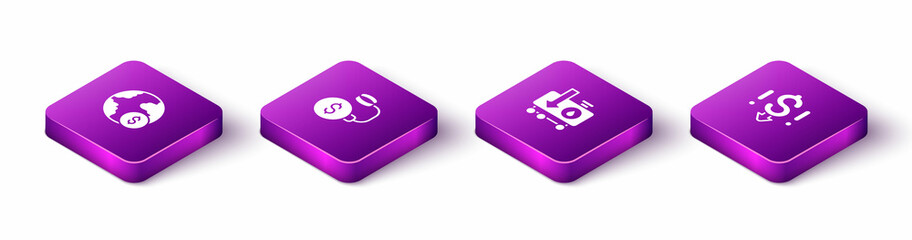 Set Isometric Global economic crisis, Debt ball chained to coin, Drop crude oil price and Dollar rate decrease icon. Vector