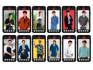 Collage set, mockup online dating or internet matching service business app with buttons on smartphone screen with various handsome and friendly faces portrait of multi ages single Asian men