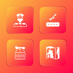 Set Pilot, Plane takeoff, and World travel map icon. Vector