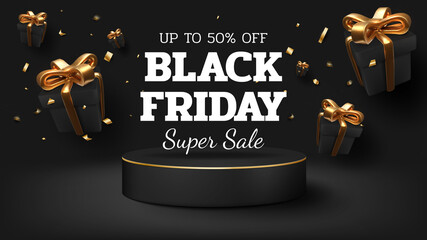 Black friday background with gift box and ribbon golden luxury, Realistic showing podium. 3d vector illustration.