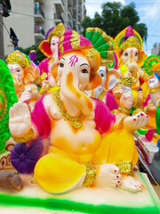 Eco Friendly Statue Of Indian Lord God Ganesha Bapa Also Called Bhagwan Ganpati Bappa Morya Deva Shubh Labh. Idol Is Used For Worship On Ganesh Chaturthi Jayanti Diwali, Deepavali and Deepawali