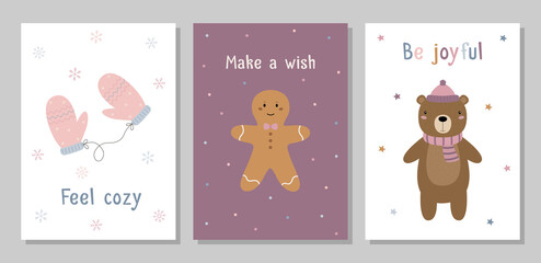 A set of Christmas cards. Knitted mittens, a ginger man, a bear in a hat and scarf. Happy New Year. Vector illustration. Suitable for greeting cards, invitations to a party. Feel cozy, make a wish