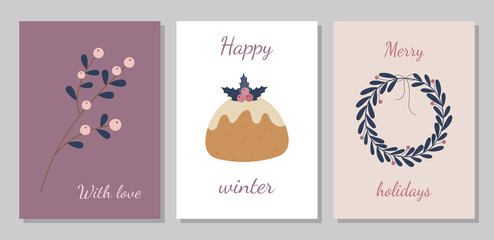 Fototapeta na wymiar A set of Christmas cards. Happy New Year. Vector illustration. Suitable for greeting cards, invitations to a party. With love, happy winter, merry holidays.
