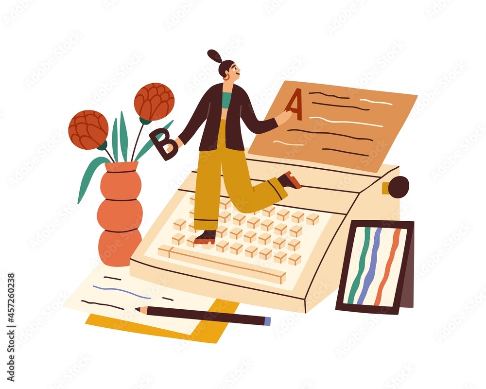 Aufkleber writer writing book with typewriter and papers. happy creative author creating literature. work proc