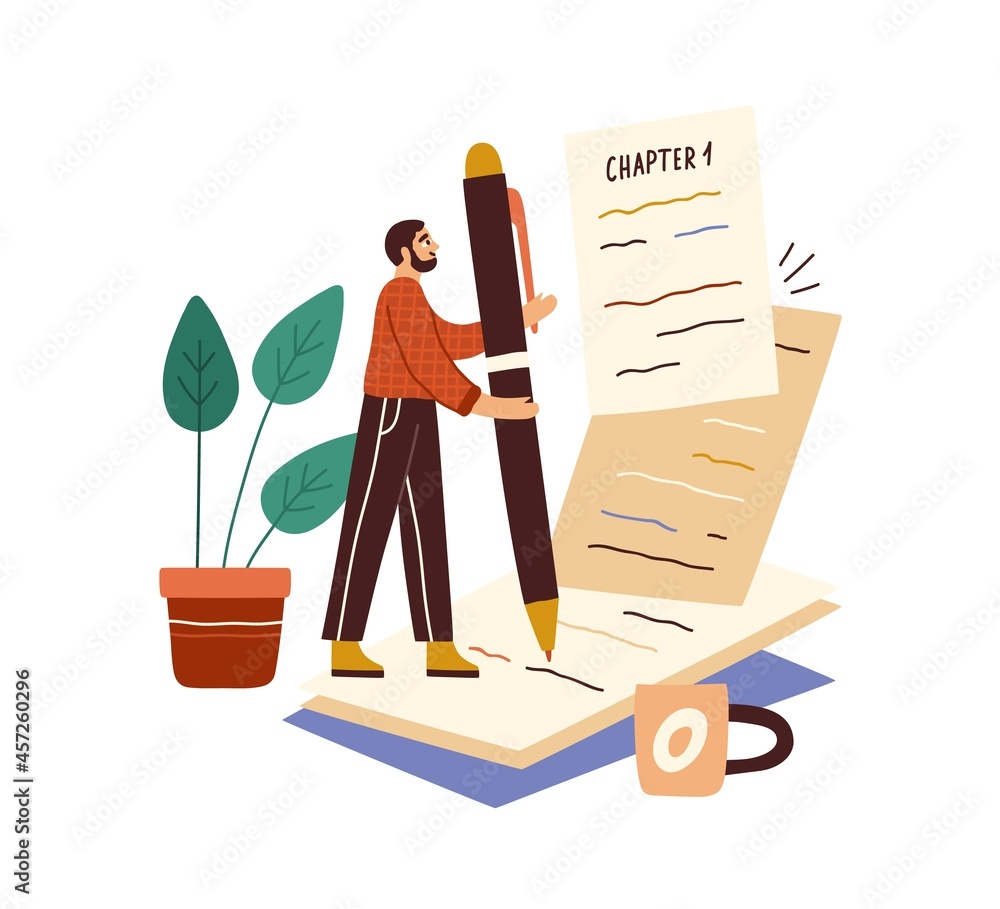 Poster writer writing book with pen on papers. author creating fiction literature. work and creation proces