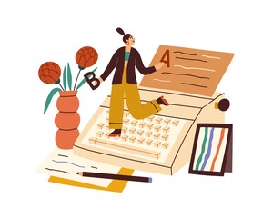 Writer writing book with typewriter and papers. Happy creative author creating literature. Work process of tiny editor. Creativity concept. Flat vector illustration isolated on white background