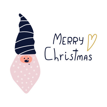Hand drawn head of gnome or Santa with beard and text Merry Christmas with little heart. Design for greeting card.