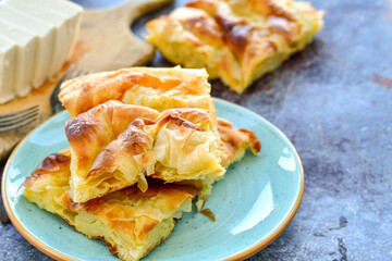 Bakery .Home made  cheese pie  with phyllo pastry, feta cheese  and organic eggs. Bulgarian banitsa