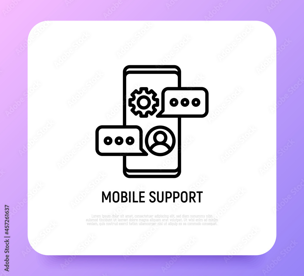 Poster mobile support thin line icon: chat on smartphone with speech bubble. modern vector illustration.