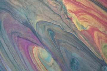 Abstract fluid art background gray and blue colors. Liquid marble. Acrylic painting with purple gradient and splash.