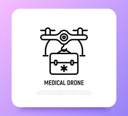 Mediine drone delivery thin line icon. Modern vector illustration.