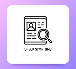 Check symptoms thin line icons: magnifying glass on health history. Modern vector illustration.