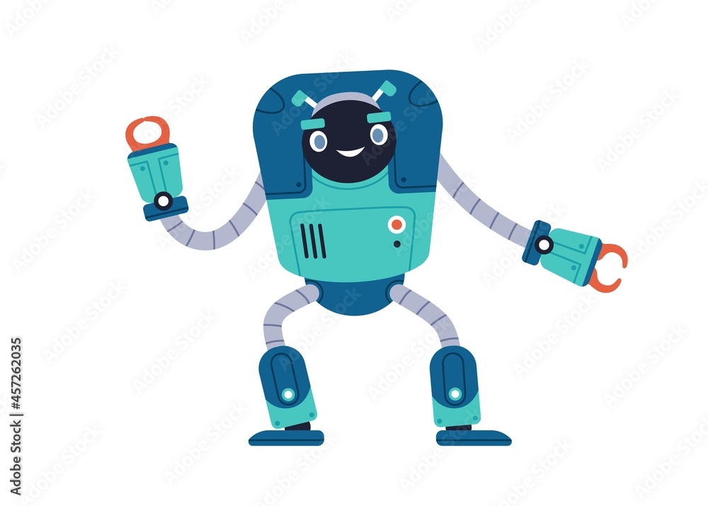 Poster cute happy robot toy. funny child bot with smiling face. kids adorable humanoid cyborg. retro metal 